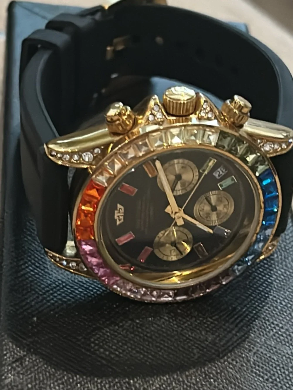 Gold Automatic Chronograph Men's Watch with Rainbow Crystal Bezel - Black Strap